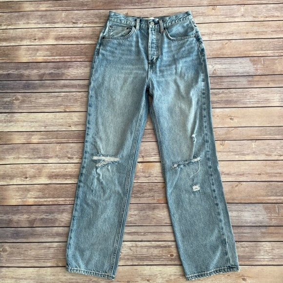 Denim Forum Joni High Rise Loose Jeans Light Wash Knee Holes Distressed - Picture 2 of 12